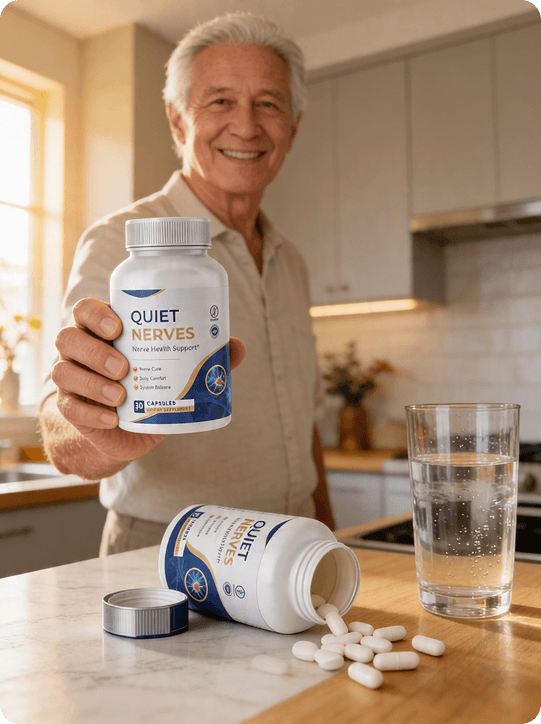Smiling man holding a bottle of Quiet Nerves